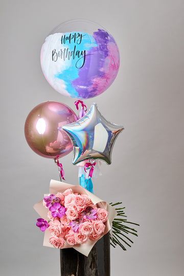 Arreglo Burbuja con Ramo de Rosas con Orquídea
