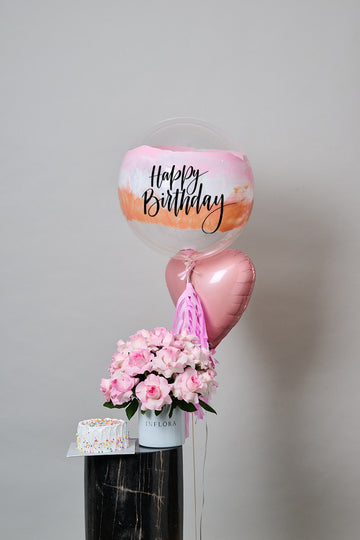 Set Rosas Rosas + Globo Burbuja + Pastel Confetti (el postre)