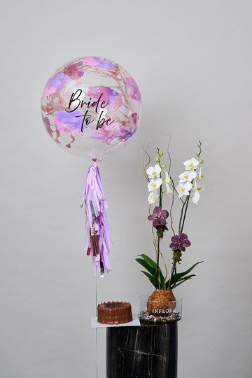 Kokedama Orquidea & Vandas + Globo Glitter + Postre