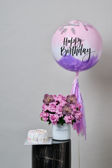 Set Arreglo de Rosas con Orquídeas + Globo Burbuja + Pastel (El Postre)