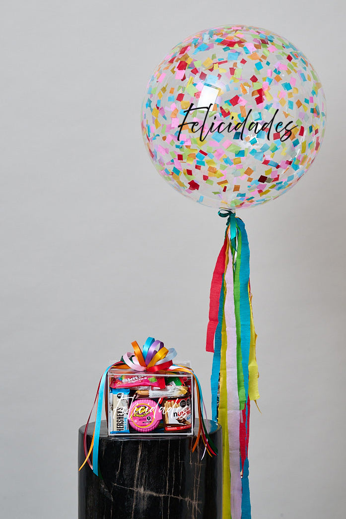 Caja Sonrisas Dulces + Globo Confetti Rainbow