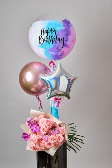Arreglo Burbuja con Ramo de Rosas con Orquídea